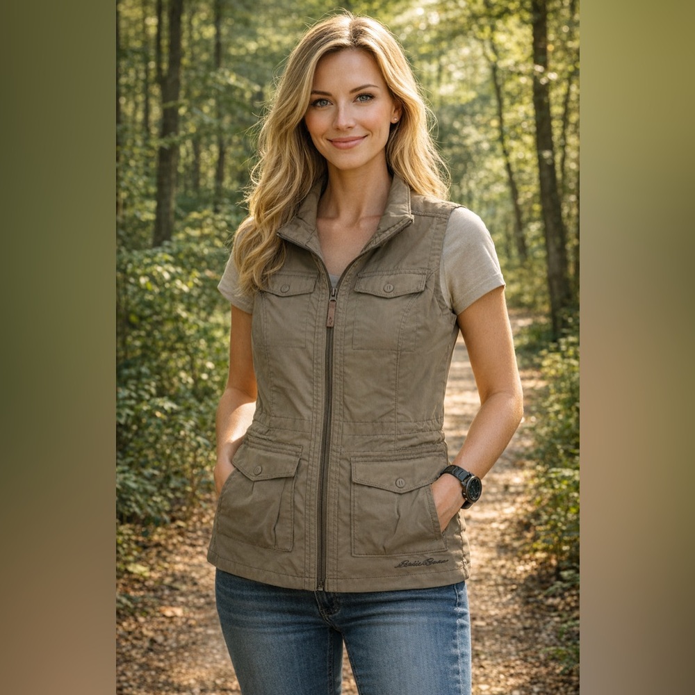 Eddie Bauer Women's Atlas Travex Khaki Utility Cargo Full Zip Vest, Size XS